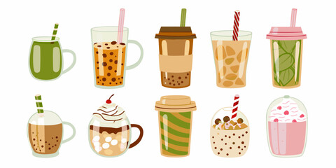 Collection of various bubble tea drinks in different flavors and styles