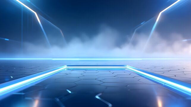 An abstract futuristic digital stage or arena illuminated by vibrant blue neon lights on a geometric hexagonal floor with atmospheric fog and glowing lines