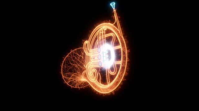 Neon wireframe illustration of a French horn glowing in vivid orange and blue hues against a black background. The design highlights the instrument's intricate curves and valves with a futuristic aest