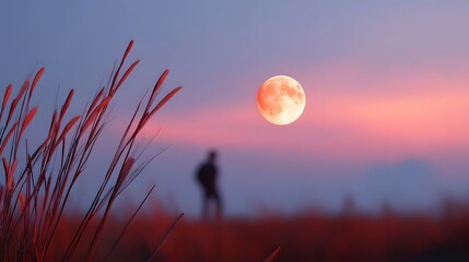 Lone silhouette observes a dramatic red moon rising or setting over a serene landscape at twilight with tall grass catching the warm magical glow