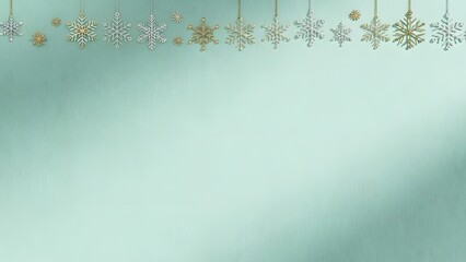 A festive background with hanging snowflakes and beads on a light green surface.
