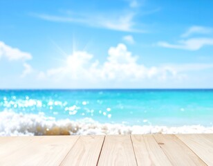 Fototapeta premium A sunny seascape with a wooden table in the foreground, waves and blue sky