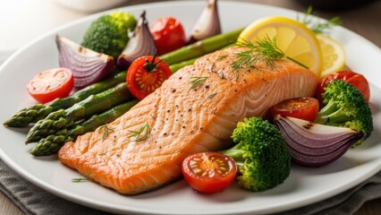 Delicious salmon dinner with fresh vegetables and lemon