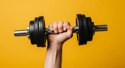 Close-up of a muscular arm holding a heavy black dumbbell for a workout on a vibrant yellow background