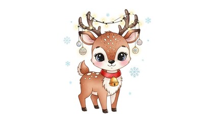 Obraz premium Adorable cartoon reindeer with Christmas lights and ornaments on antlers, wearing a red collar with a golden bell.