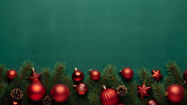 Christmas festive border with red baubles, pine branches, and pine cones on a dark green background, perfect for holiday greetings.