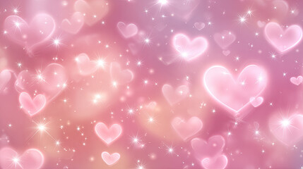 Pink background with hearts and stars in light pastel colors, soft focus and dreamy romantic mood, sparkling lights in elegant composition, perfect Valentine&rsquo;s Day digital art design.