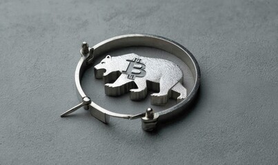 Metallic bear within a silver ring structure. Cryptocurrency symbol on body. Gray backdrop