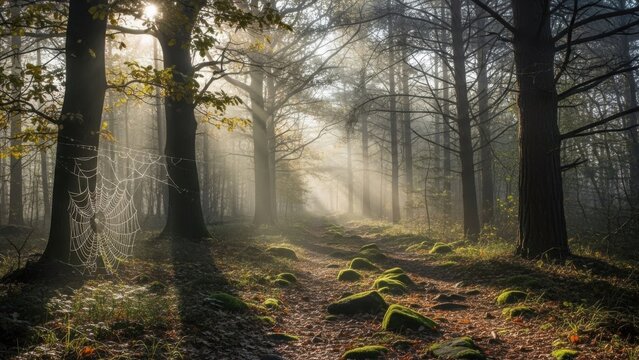 Sunlit forest path on a misty morning