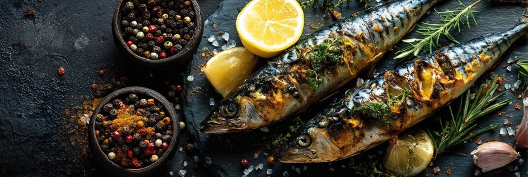 Fried mackerel with lemon herbs and spices, banner, space for text