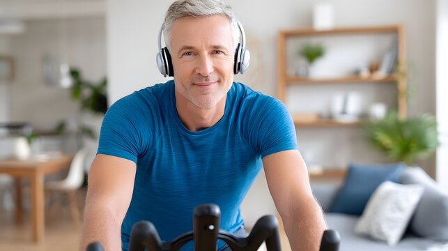 Healthy middle aged man with gray hair enjoying an indoor cycling workout at home wearing headphones for music and motivation in a modern living space - Powered by Adobe