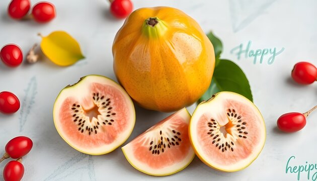 &ldquo;Tropical fruit medley: glossy yellow guava with pink seed-studded interior, surrounded by red oval berries, green and yellow leaves, set against a pastel backdrop with whimsical fruit doodles and pla