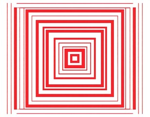 Optical illusion featuring concentric squares receding in perspective, with red lines on a white background, creating a sense of depth and movement