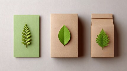Three eco conscious packaging concepts with clean kraft paper boxes and a green card featuring vibrant green leaves and fern foliage symbolizing natural products and sustainability