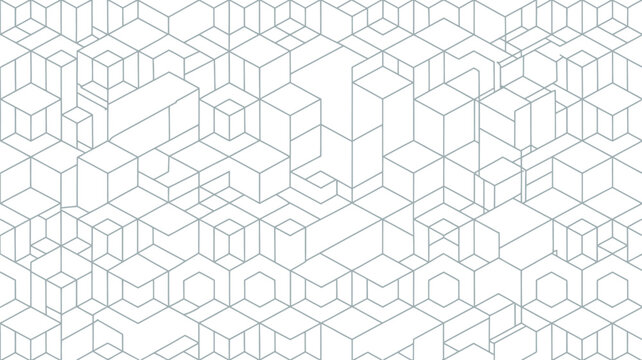 A white background filled with gray geometric shapes arranged in a complex isometric pattern design