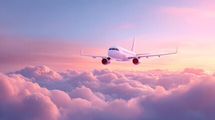 Obraz premium An elegant white passenger jet soars gracefully through the sky above a breathtaking landscape of fluffy clouds bathed in the warm hues of a sunset creating a scene of serene travel and wonder