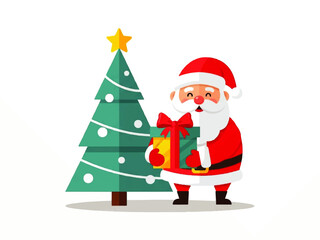 Cartoon illustration of Santa Claus holding a gift box next to a decorated Christmas tree with a star on top.