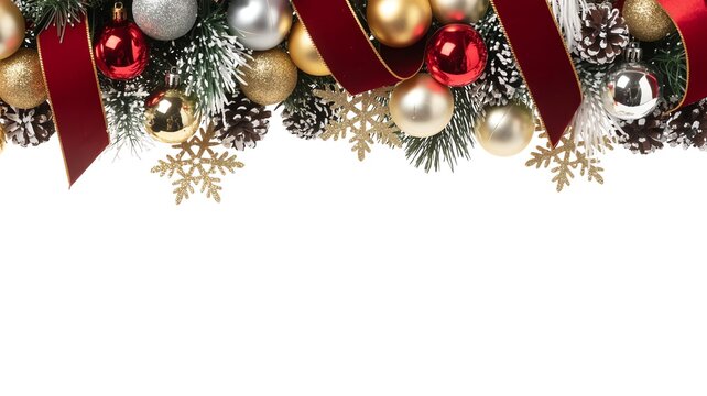 Classic Christmas ornament border featuring red, green, gold elements arranged neatly along the top against a pure white festive backdrop