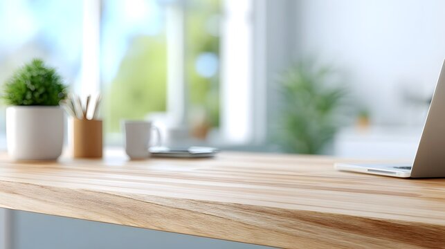 A modern laptop rests on a natural wood desk surface accompanied by a small potted plant and stationery items with a bright blurred window view of greenery enhancing the workspace ambiance