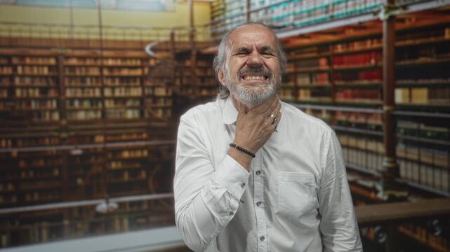 Man clutching throat and wincing amid crowded library stacks in an old building, hoary long hair and white shirt visible; choking distress.