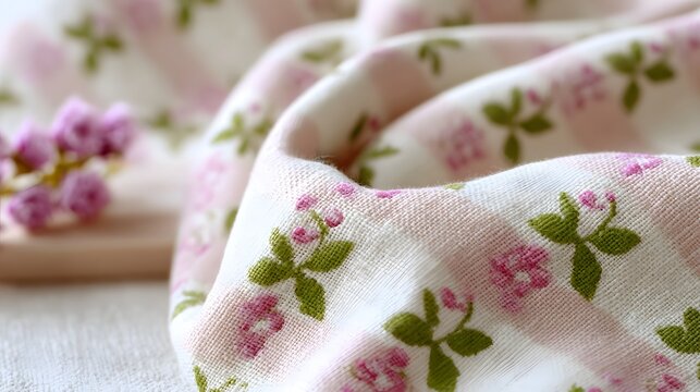 Soft pastel pink and white striped textile featuring a repeating delicate floral pattern with a shallow depth of field focusing on the texture and folds of the fabric - Powered by Adobe