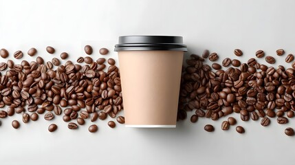 Naklejka premium Overhead view of a disposable coffee cup adorned with a black lid artfully arranged amidst a generous scattering of freshly roasted coffee beans on a neutral backdrop