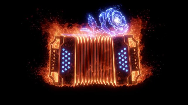 Vibrant neon accordion surrounded by fiery flames, paired with a glowing blue rose on a black background. A striking representation of music, tango, passion, and artistic expression.
