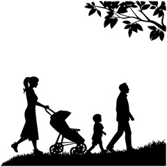 Family Walking Outdoors with Stroller &ndash; Vector Illustration
