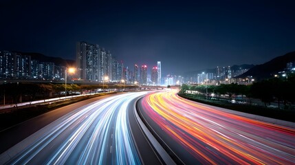 Mesmerizing streaks of vibrant light from highway traffic create abstract patterns during a long exposure at night highlighting the dynamic energy of a modern city