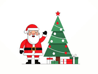 Cartoon Santa Claus waving next to a decorated Christmas tree with gifts underneath, against a white background.