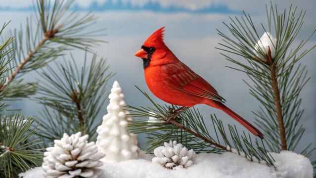 Christmas animal scene with vibrant red bird perched on snowy pine branch surrounded by pinecone and festive winter decorations - Powered by Adobe