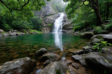 Fototapeta premium Tranquil Waterfall Cascades into a Clear Green Pool