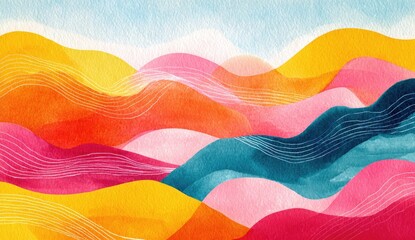 Abstract watercolor artwork with layered hills in vibrant shades of orange, pink, and blue