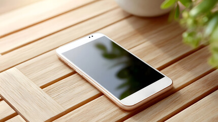 Modern white smartphone with golden accents placed on a textured wooden table outdoors illuminated by soft sunlight highlighting technology and leisure