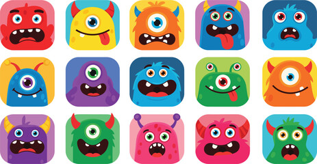 Fototapeta premium Cute cartoon monster faces vector illustration set with colorful expressions for kids fun fantasy art 