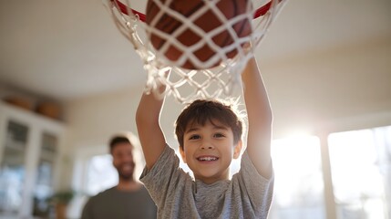 Happy young boy celebrates a slam dunk with a basketball indoors his father smiling blurred in the background embodying family fun and active childhood moments