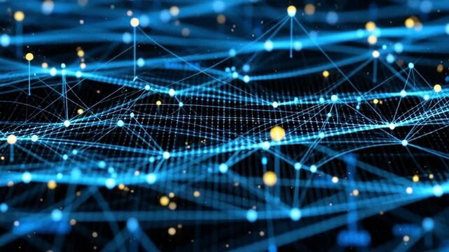 4K seamless looping animation of an abstract digital data technology grid. Futuristic background with glowing lines, dynamic nodes, and flowing data patterns creating a high-tech visual effect