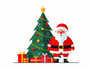 Illustration of Santa Claus standing next to a decorated Christmas tree with gifts underneath, set against a white background.