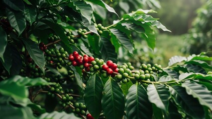 Coffee plant with green and red berries