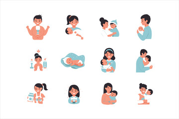 Collection of cute flat icon set for baby care and motherhood