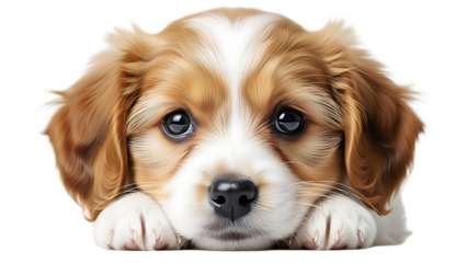Close up of a puppy with brown and white fur looking directly at the camera with big black eyes