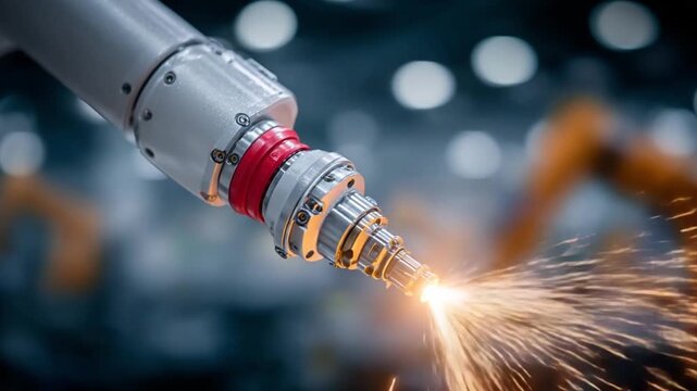 Precision and Power: A close-up shot of an industrial robot arm in action, focused on the precise point where sparks erupt, showcasing the technological prowess.