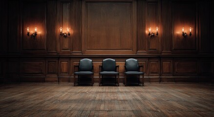 Elegant, dimly lit room with three chairs. Wooden paneling and sconces create a dramatic setting