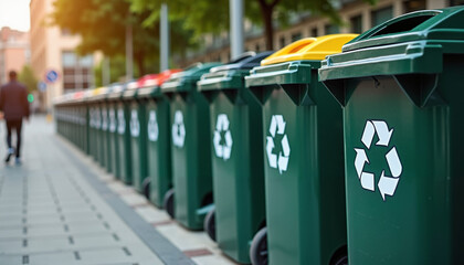 Row of recycling bins with visible symbols on a city street promoting environmental awareness
