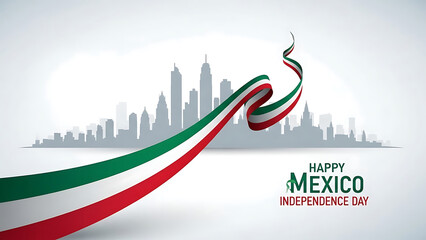 Mexican flag ribbon over city skyline Happy Mexico Independence Day