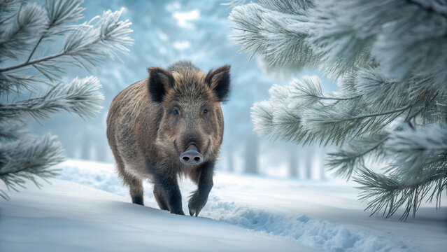 Wild boar walking through snowy forest with frosted pine trees during christmas season animal looks curious and calm in winter landscape - Powered by Adobe