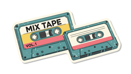 Two vintage-style cassette tapes, one labeled 'MIX TAPE VOL. 1', with a distressed retro design, on a white background.