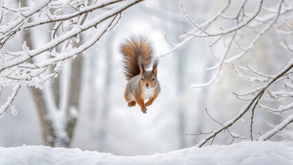Squirrel leaps energetically through snowy forest branches in winter creating joyful christmas animal scene with white background