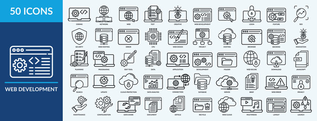 Web development icon set. Containing programing, setting, login, security, web hosting and more. Outline vector icons collection