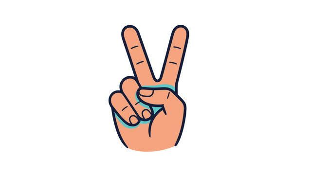 Hand making a peace sign, with two fingers up in a V shape, on a white background.